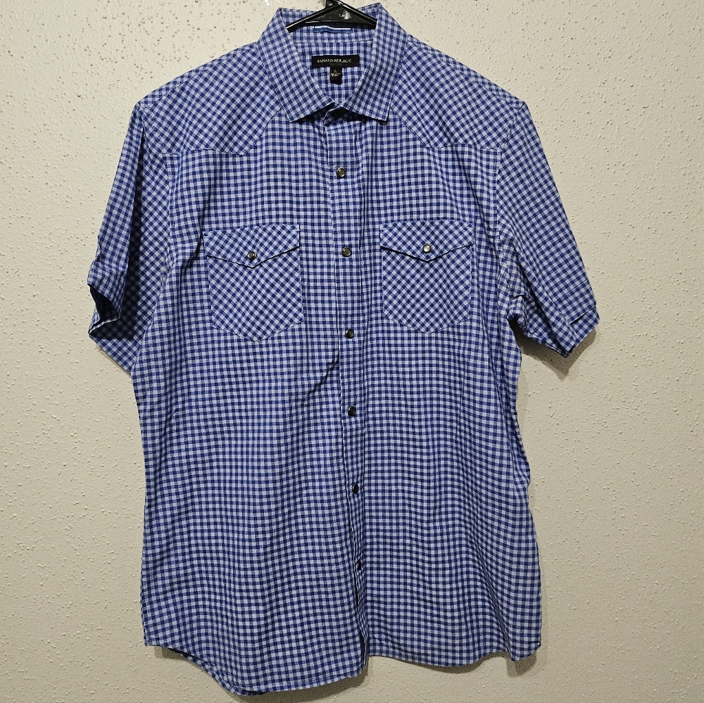 Banana‎ Republic Blue Gingham Snap Button Shirt Men’s Large Western Style Cotton